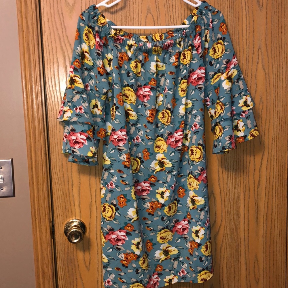 Blue, floral shoulder cut dress